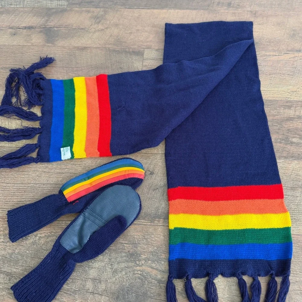 Van Raalte Kids Vintage Rainbow Knit Scarf and Mittens‎ Set Navy Blue One Size